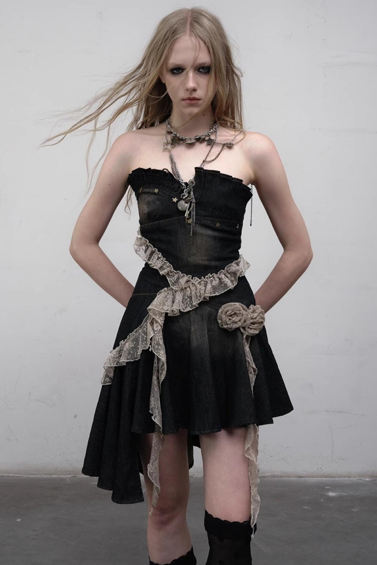 Vintage Black Lace Denim Dress