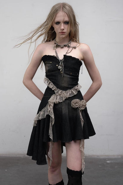 Vintage Black Lace Denim Dress