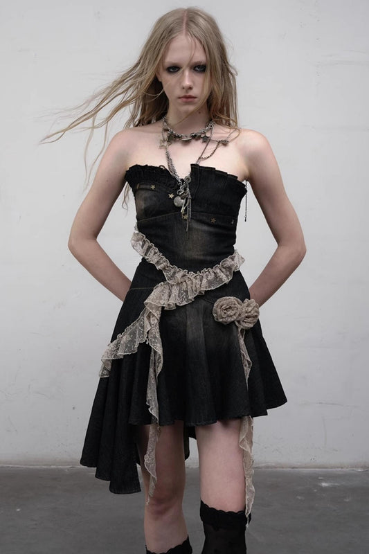 Vintage Black Lace Denim Dress