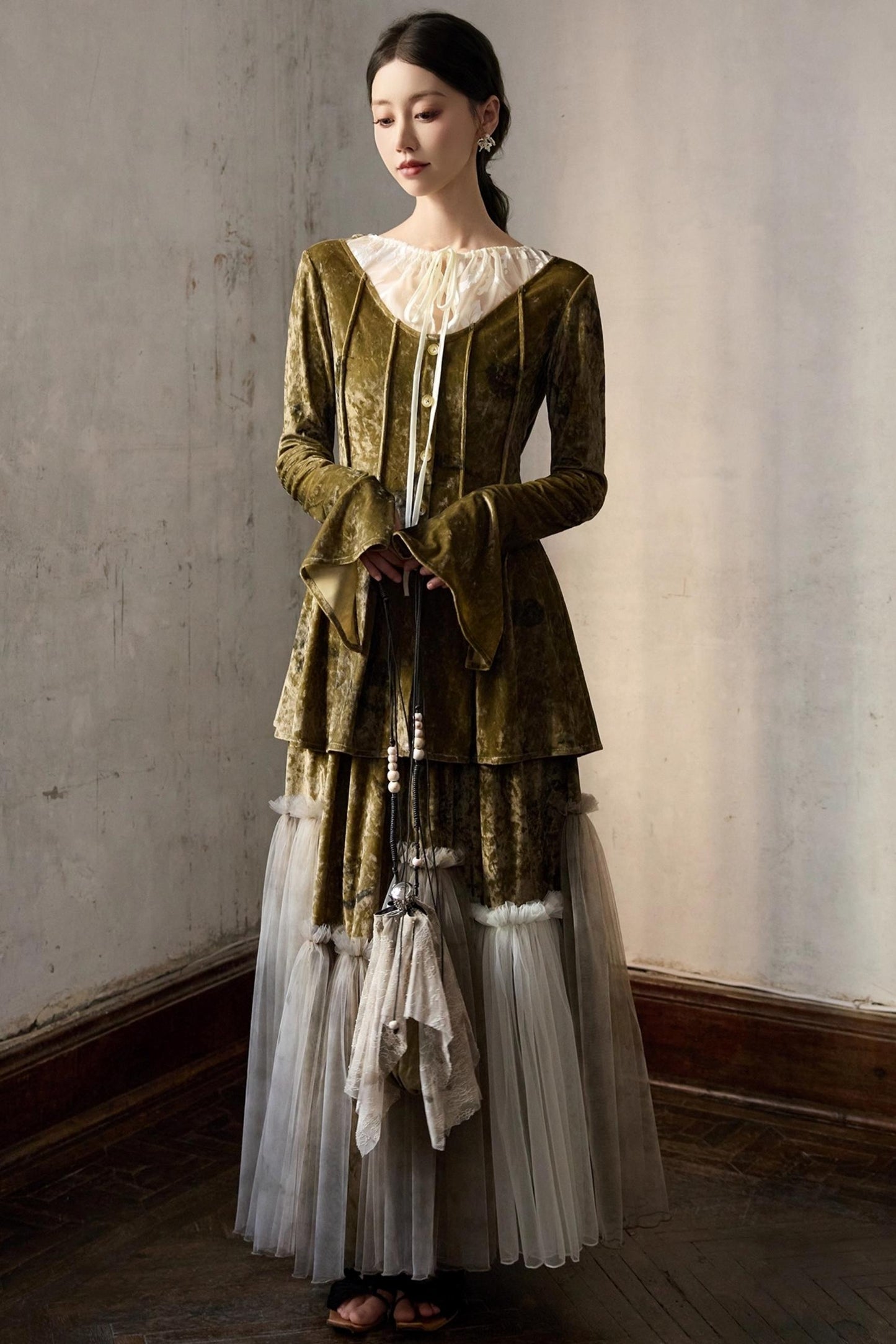 French Velvet Long Sleeve Lace-up Top