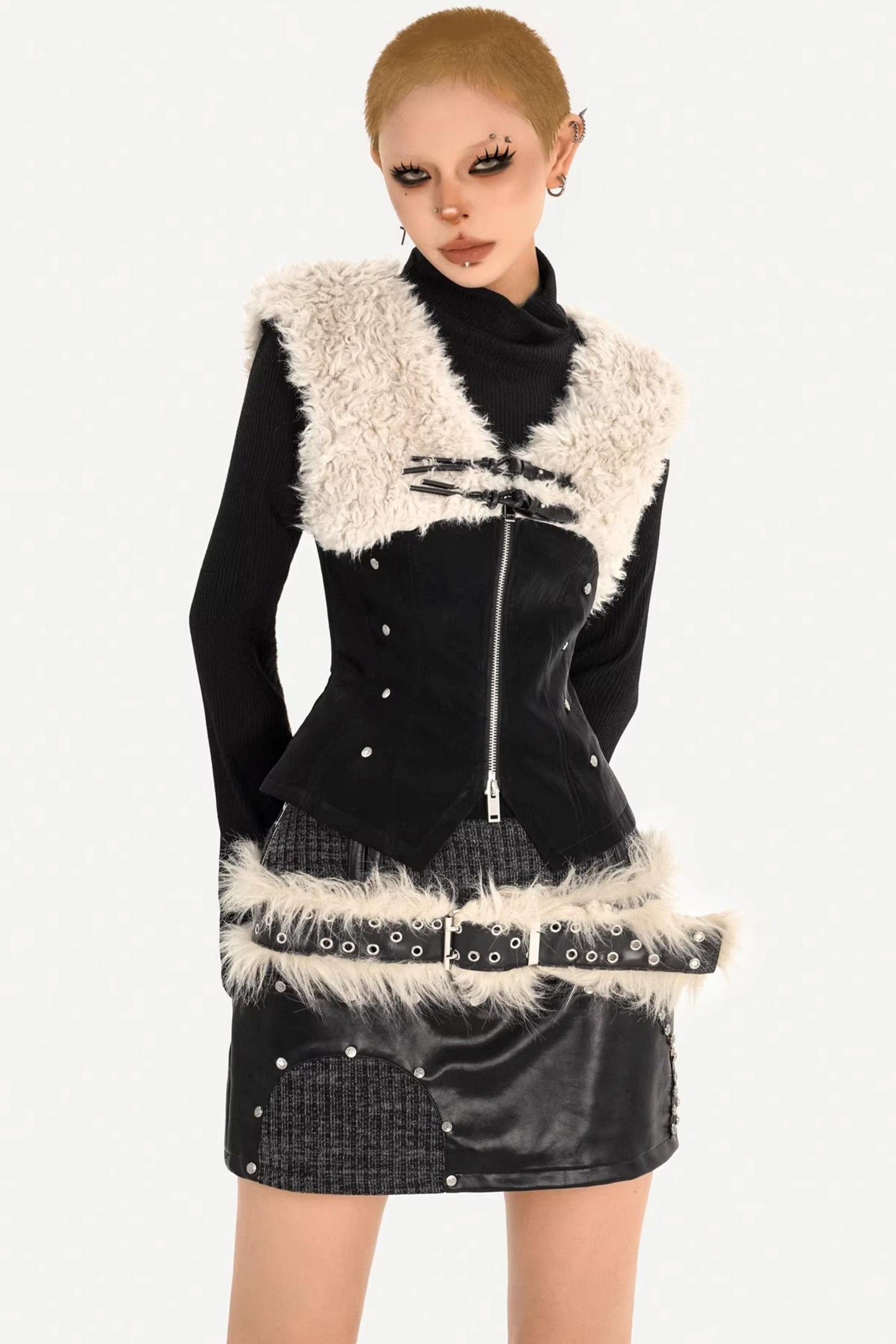 Plush Patchwork Leather Vest Jacket Set