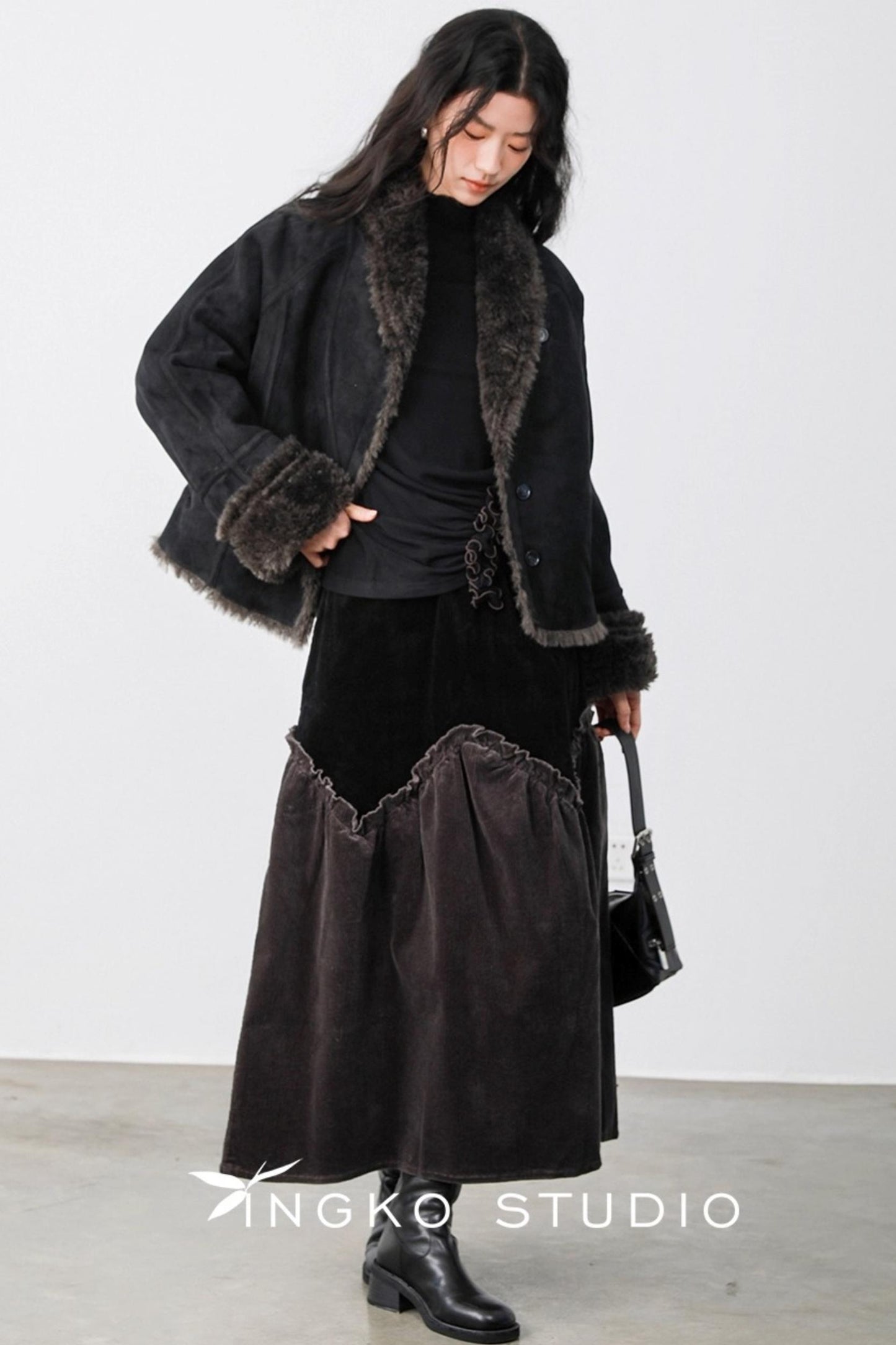 Gray Coffee Spliced Corduroy Skirt