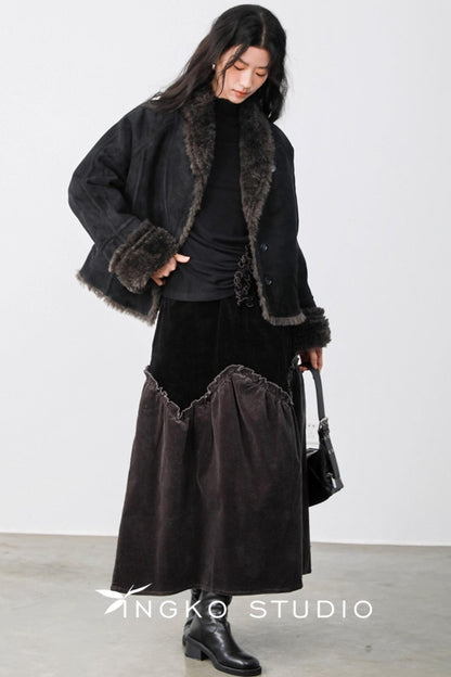 Gray Coffee Spliced Corduroy Skirt