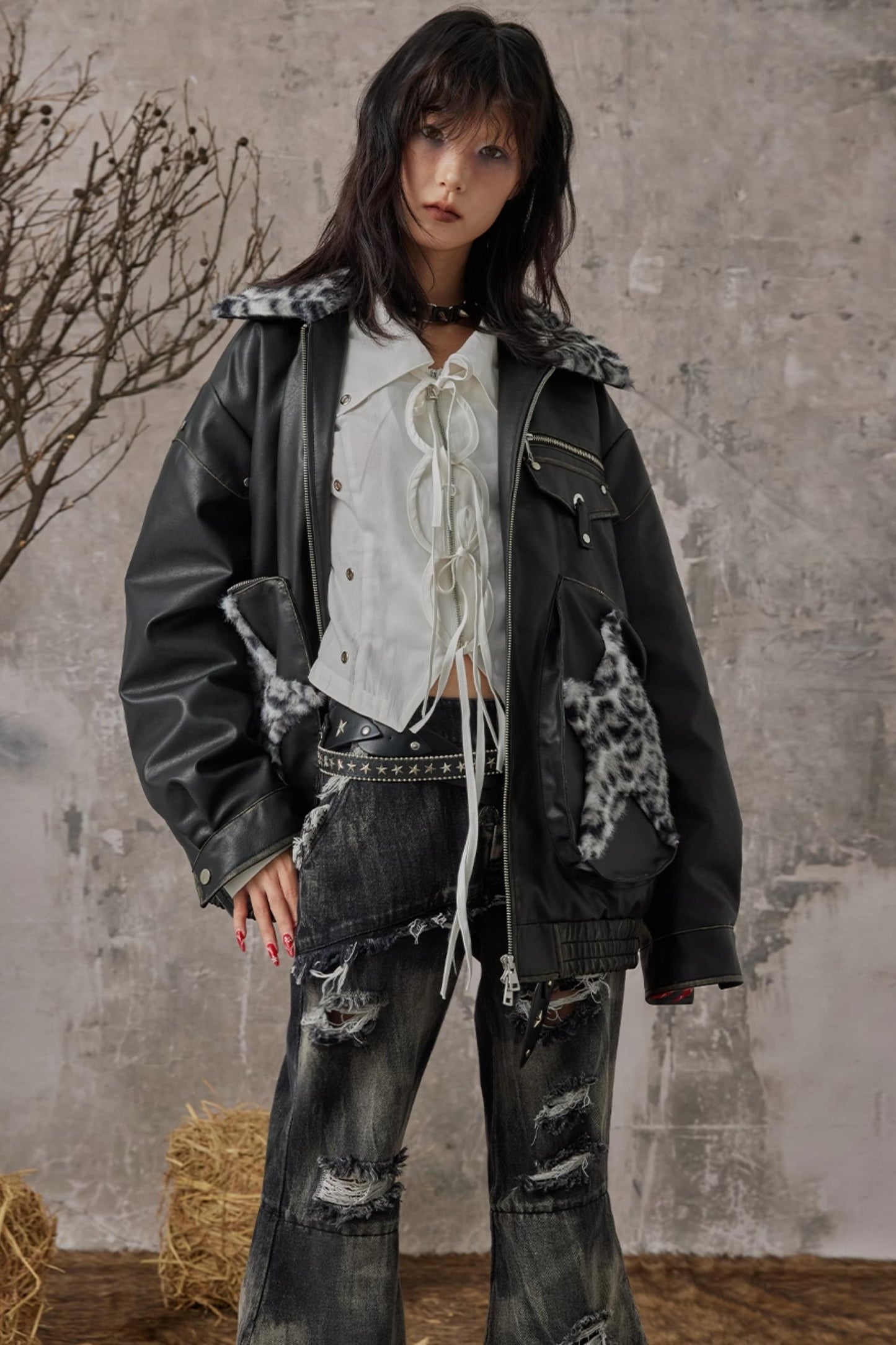 Star Leopard Print Vintage Leather Jacket