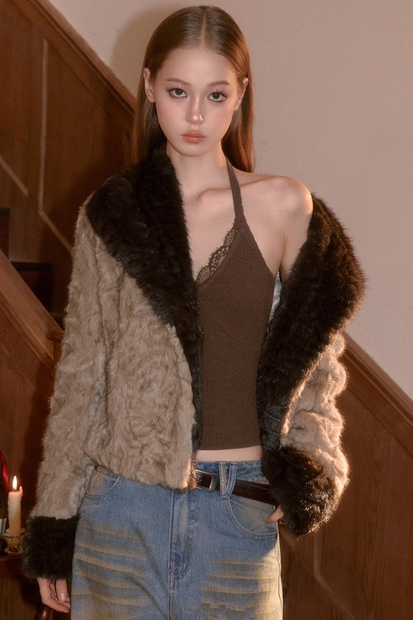Two-Tone Patchwork Furry Coat