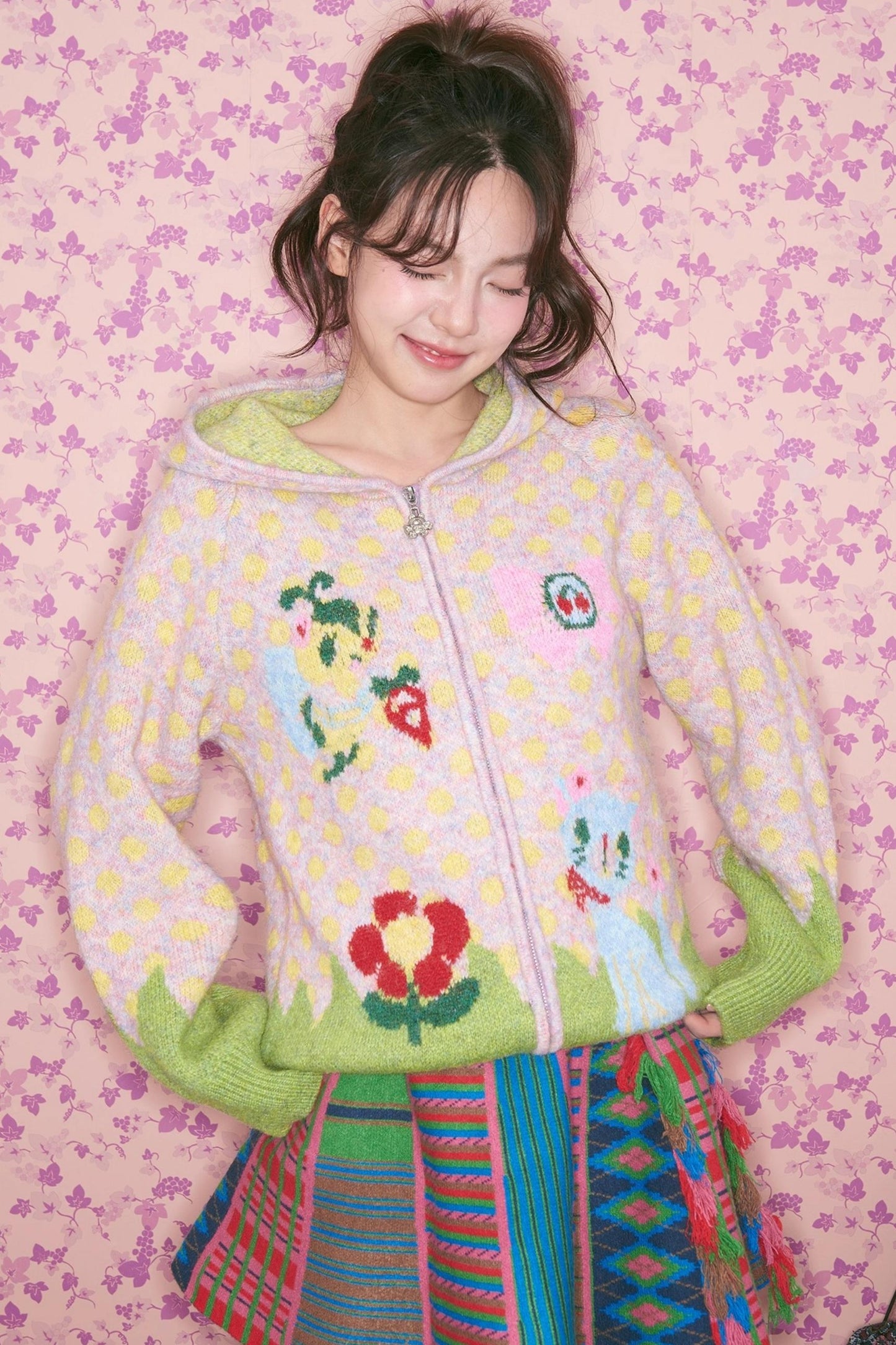 Light Pink Polka Dot Hooded Cardigan