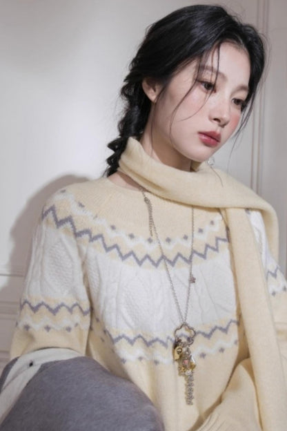 Jacquard Wool Sweater With Scarf Set