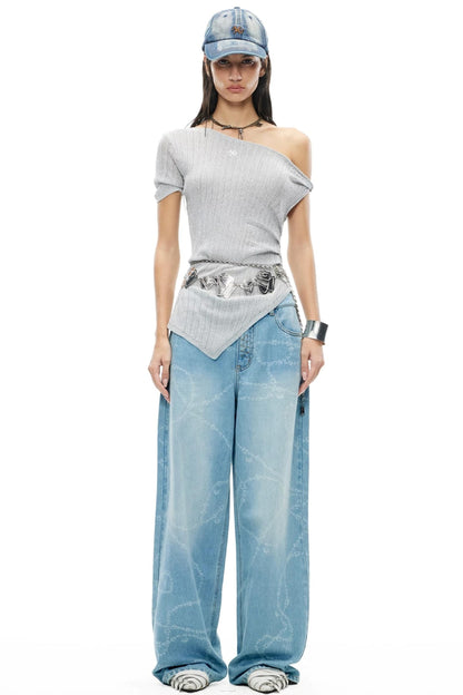 Washed Laser Print Denim Pants