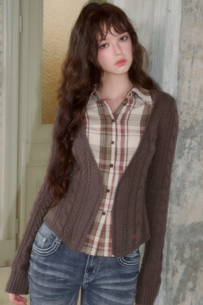 Plaid Splicing Fake Two-Piece Knit Sweater