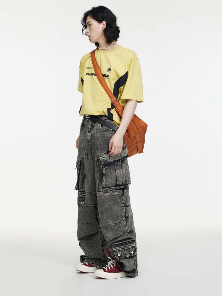 Multi Pocket Retro Wide Leg Denim Pants