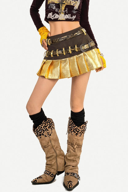 Gold Patchwork Pleated Skirt