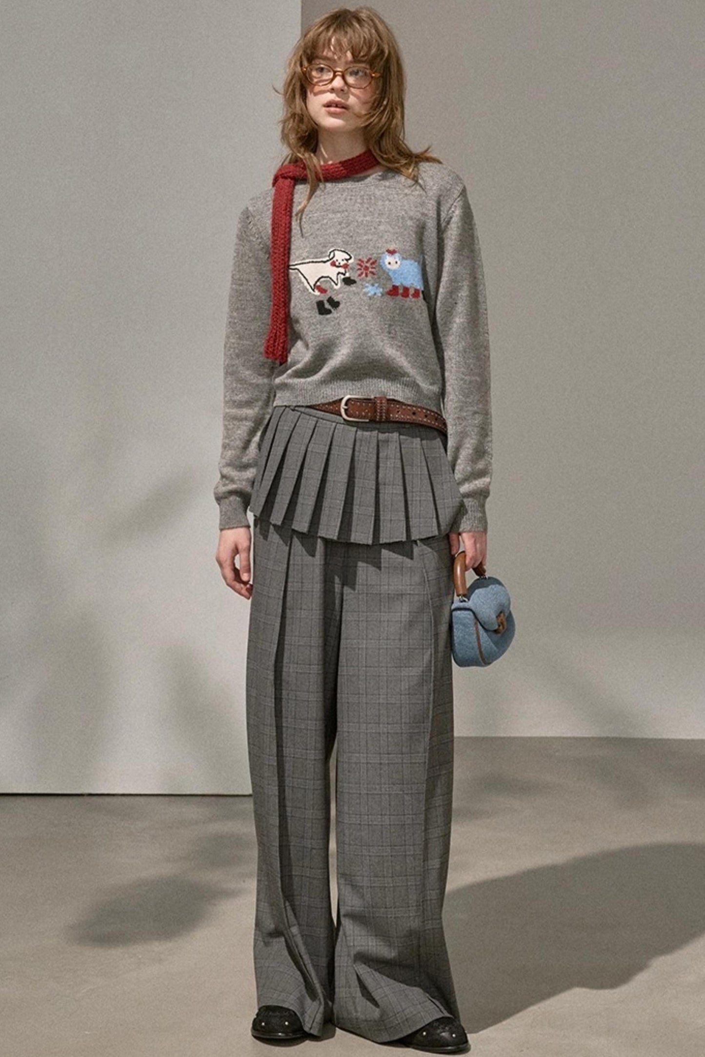 Kitten And Puppy Embroidered Wool Blend Knit Sweater