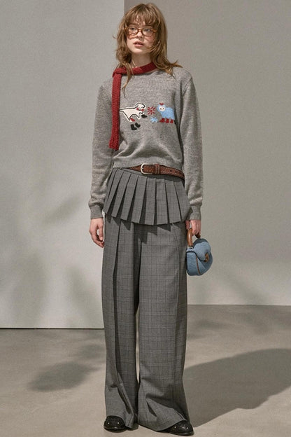 Kitten And Puppy Embroidered Wool Blend Knit Sweater