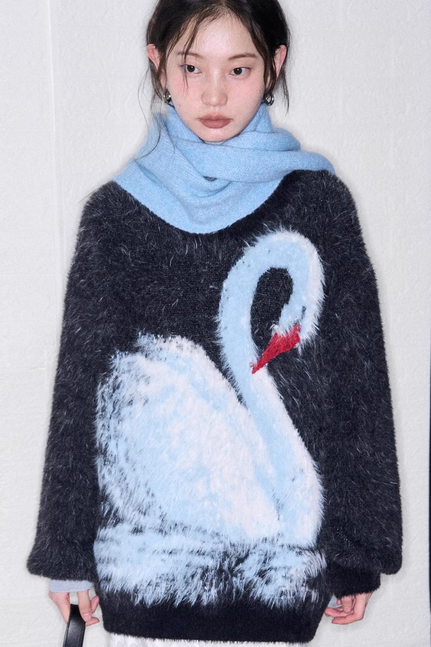 Moonlight Swan Faux Velvet Sweater