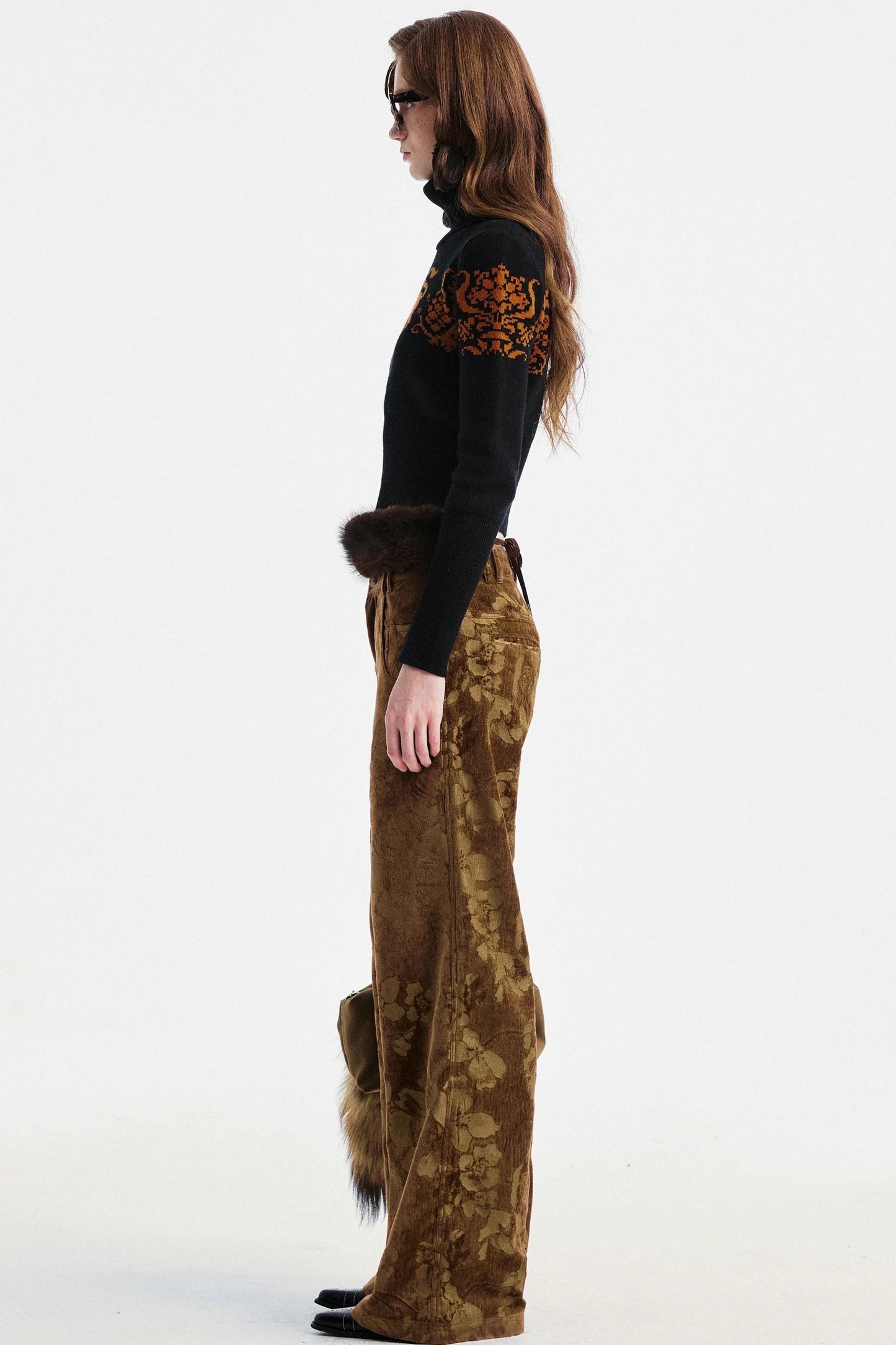 Brown Floral Jacquard Pants