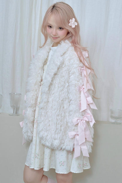 White Satin Bow Lamb Fur Coat