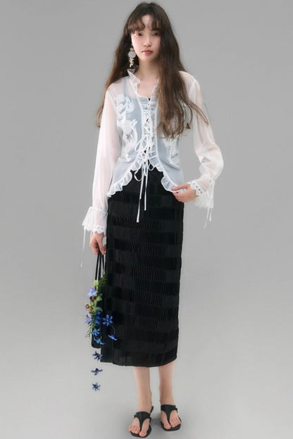 Autumn Lace-Up V-Neck Embroidered Shirt