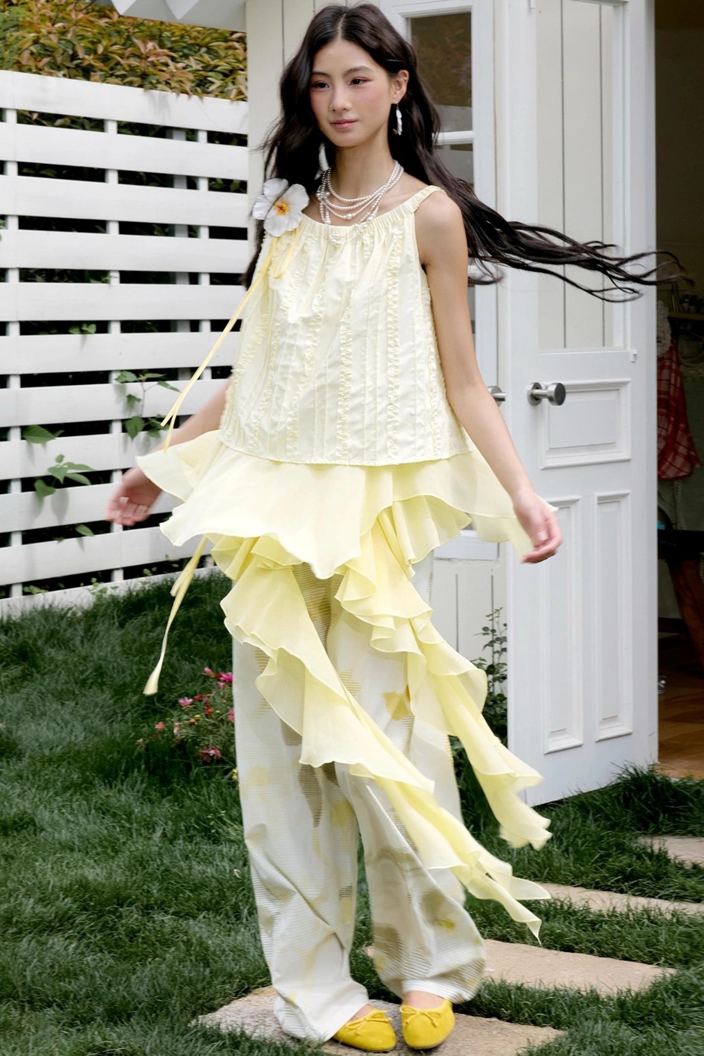 Botanical Ruffle Chiffon Wide-Leg Trousers