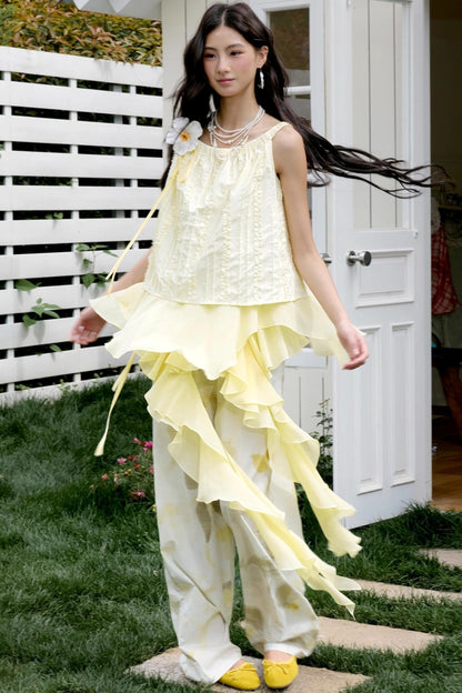 Botanical Ruffle Chiffon Wide-Leg Trousers