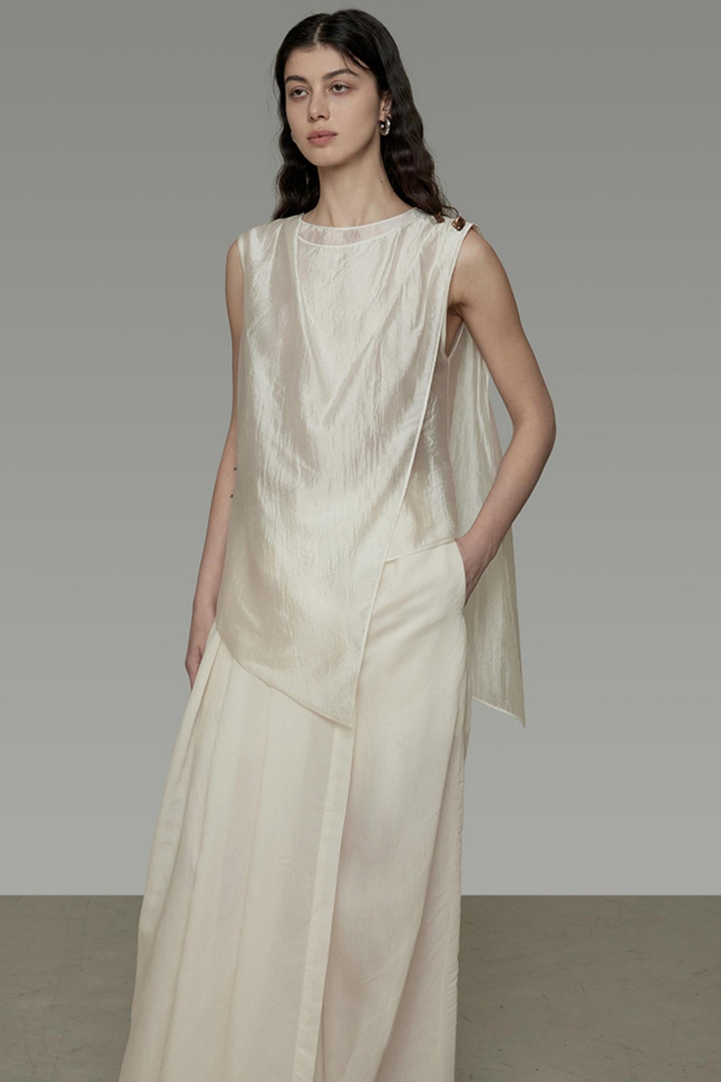 Draped Asymmetric Wide-Leg Trousers