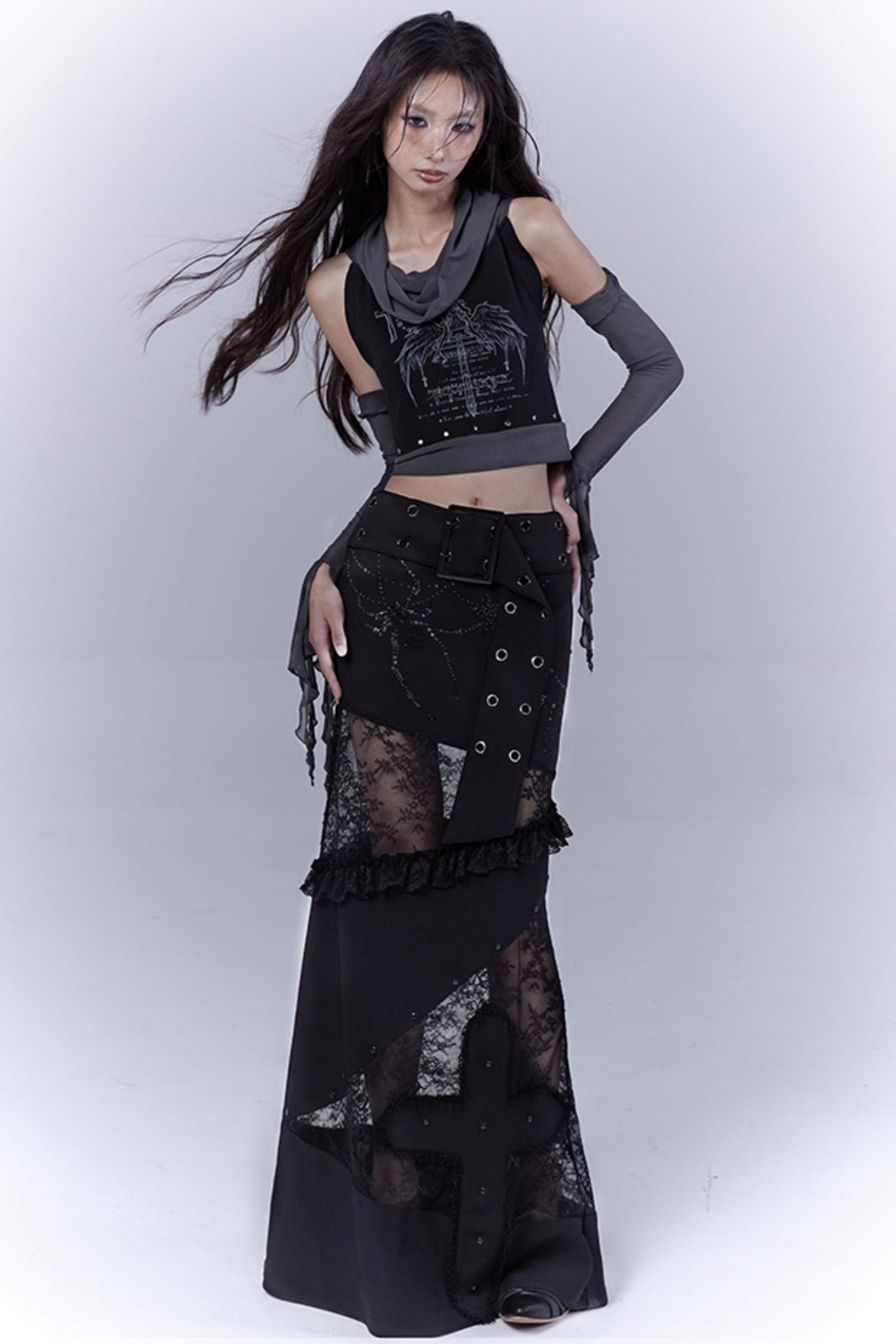 Gothic Elegance Sheer Lace Bustle Skirt
