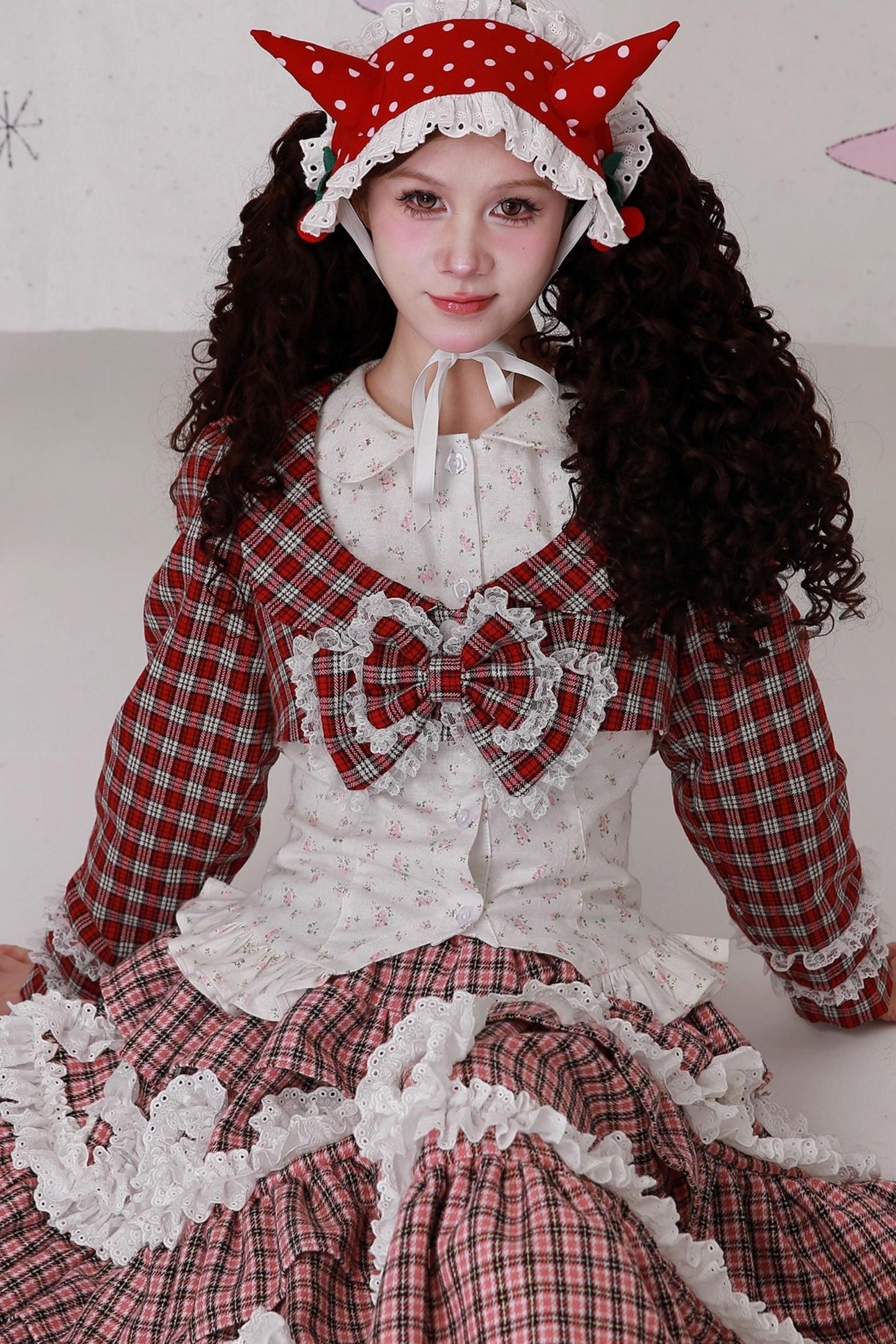 Christmas Red Checkered Bow Short Jacket