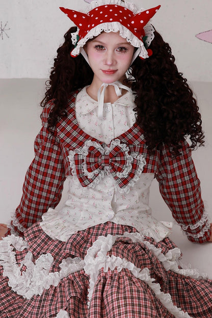 Christmas Red Checkered Bow Short Jacket