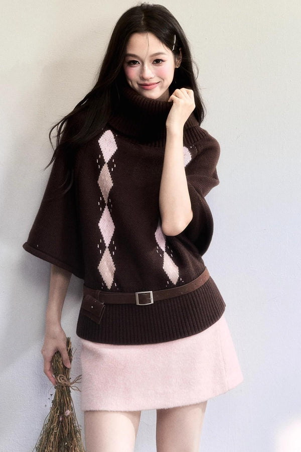 Retro Diamond Wool Knit Cape Sweater