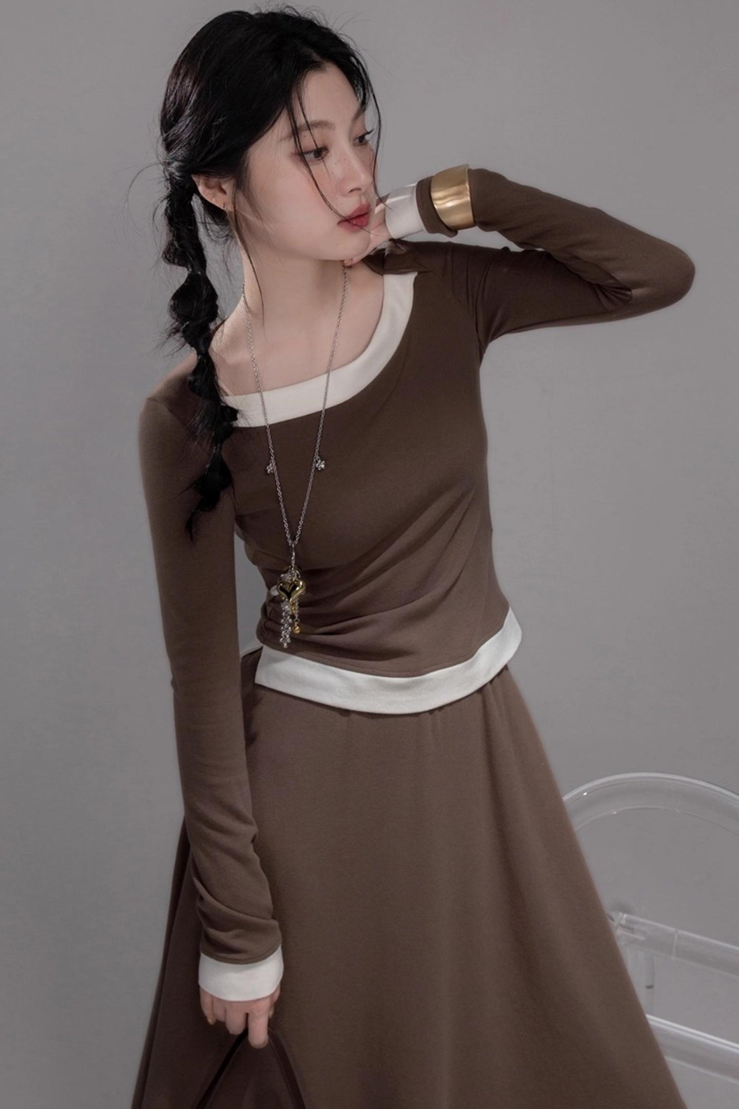 Collar Contrasting Knitted Top & Skirt Set
