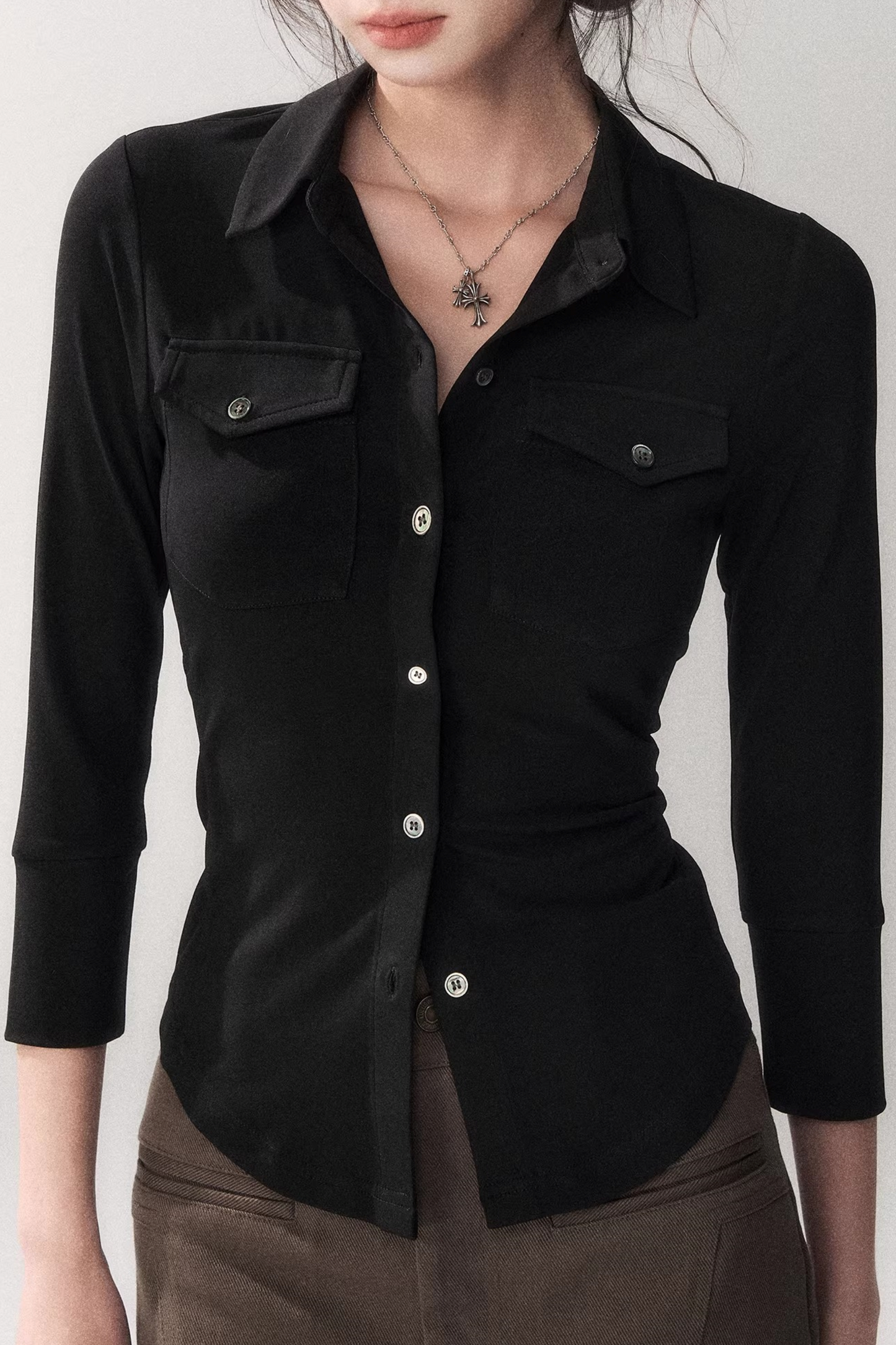 Mid-Sleeve Waist-Cinching Blouse