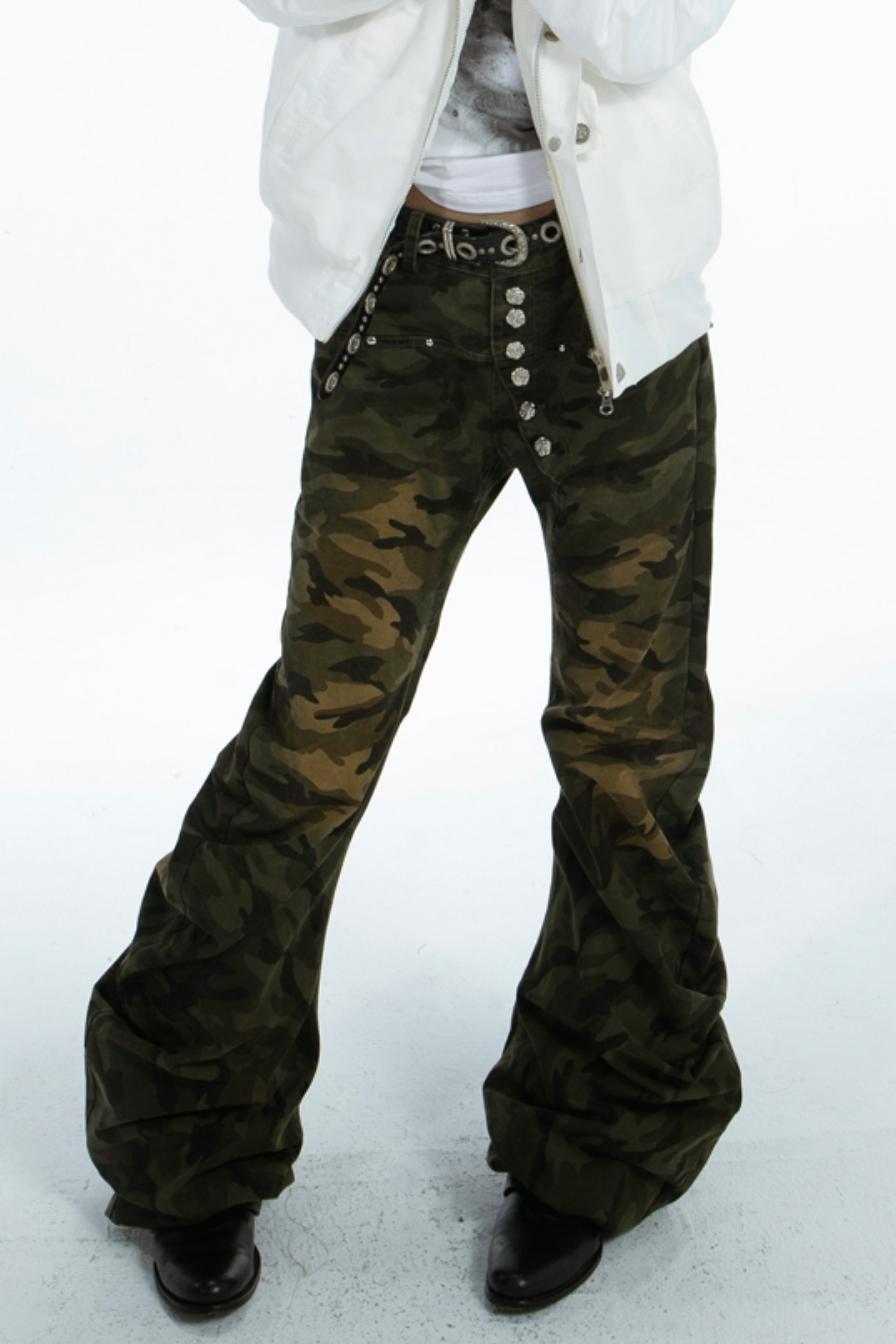 Wash Cotton Camouflage Flared Trousers