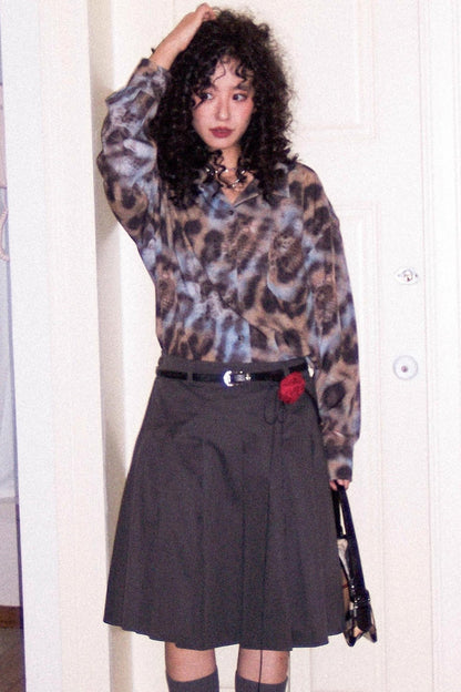 Vintage Leopard Print Cuban Collar Long-Sleeved Shirt