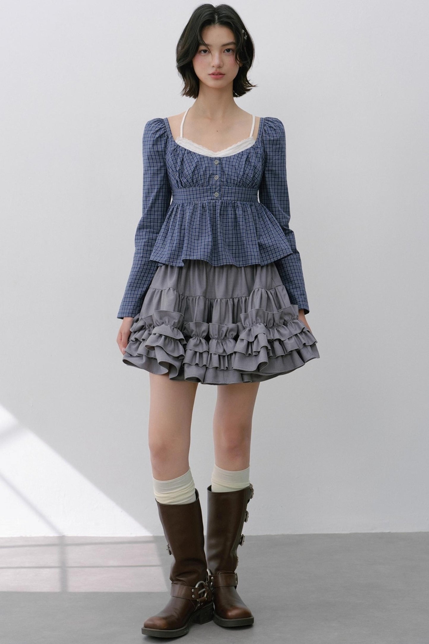 Vintage Navy Blue Check Cinched Shirt