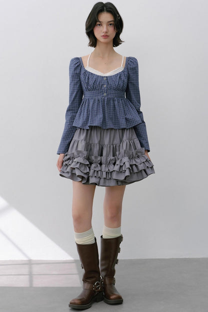 Vintage Navy Blue Check Cinched Shirt