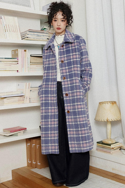 Autumn Plaid Purple Woolen Coat