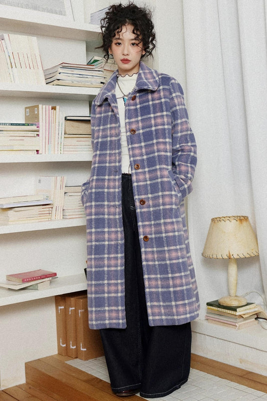 Autumn Plaid Purple Woolen Coat
