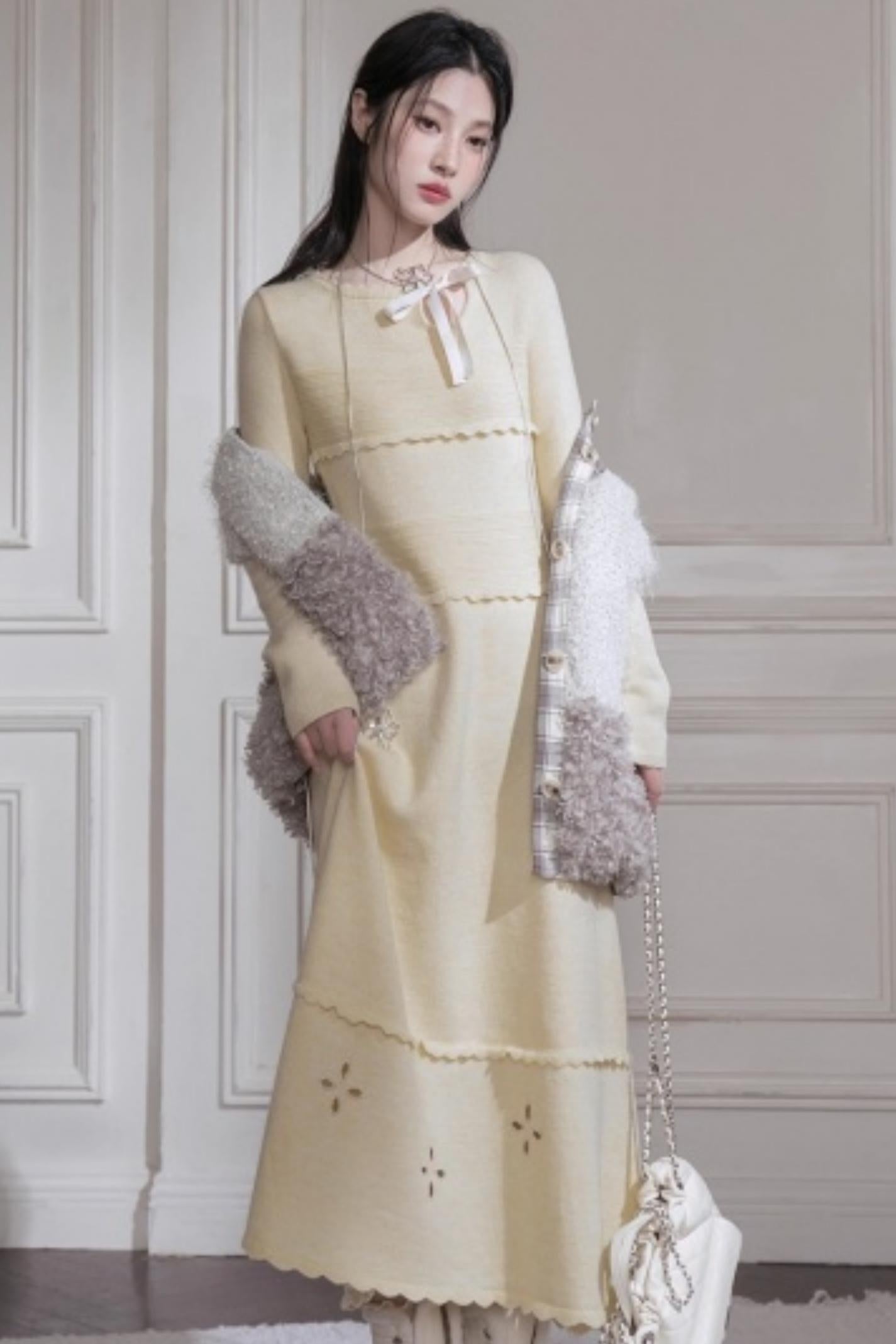 Cream Gray Lace Wool Dress