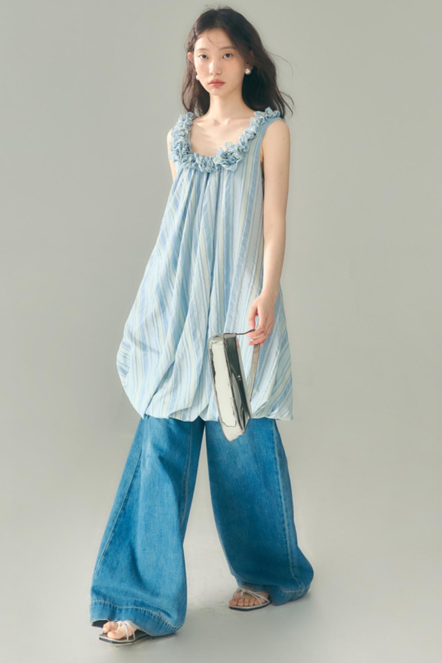 Blue Jellyfish Embroidered Striped Vest Dress