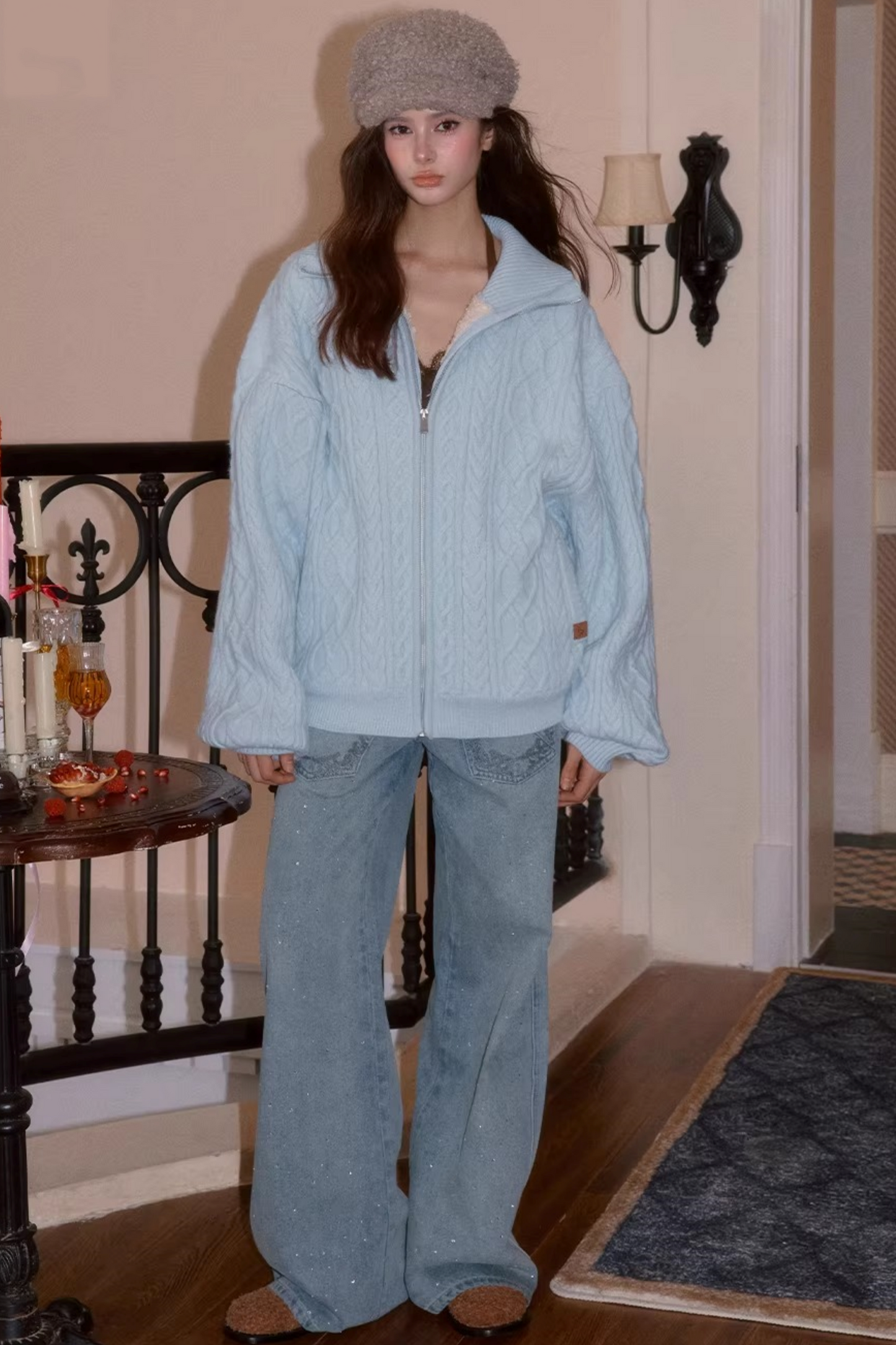 Cable Knit Fleece Sweater Jacket