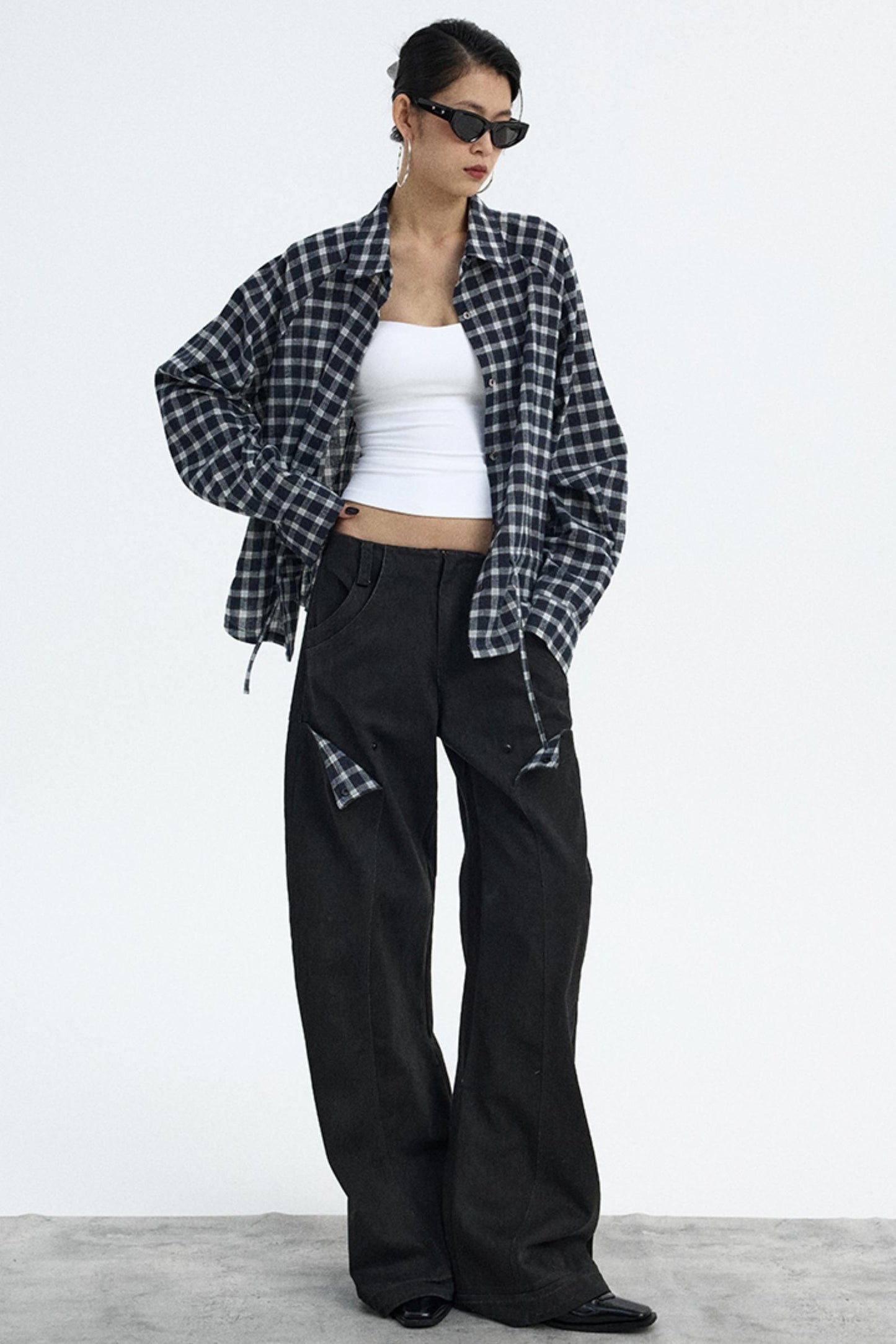 Navy Plaid Drawstring Top