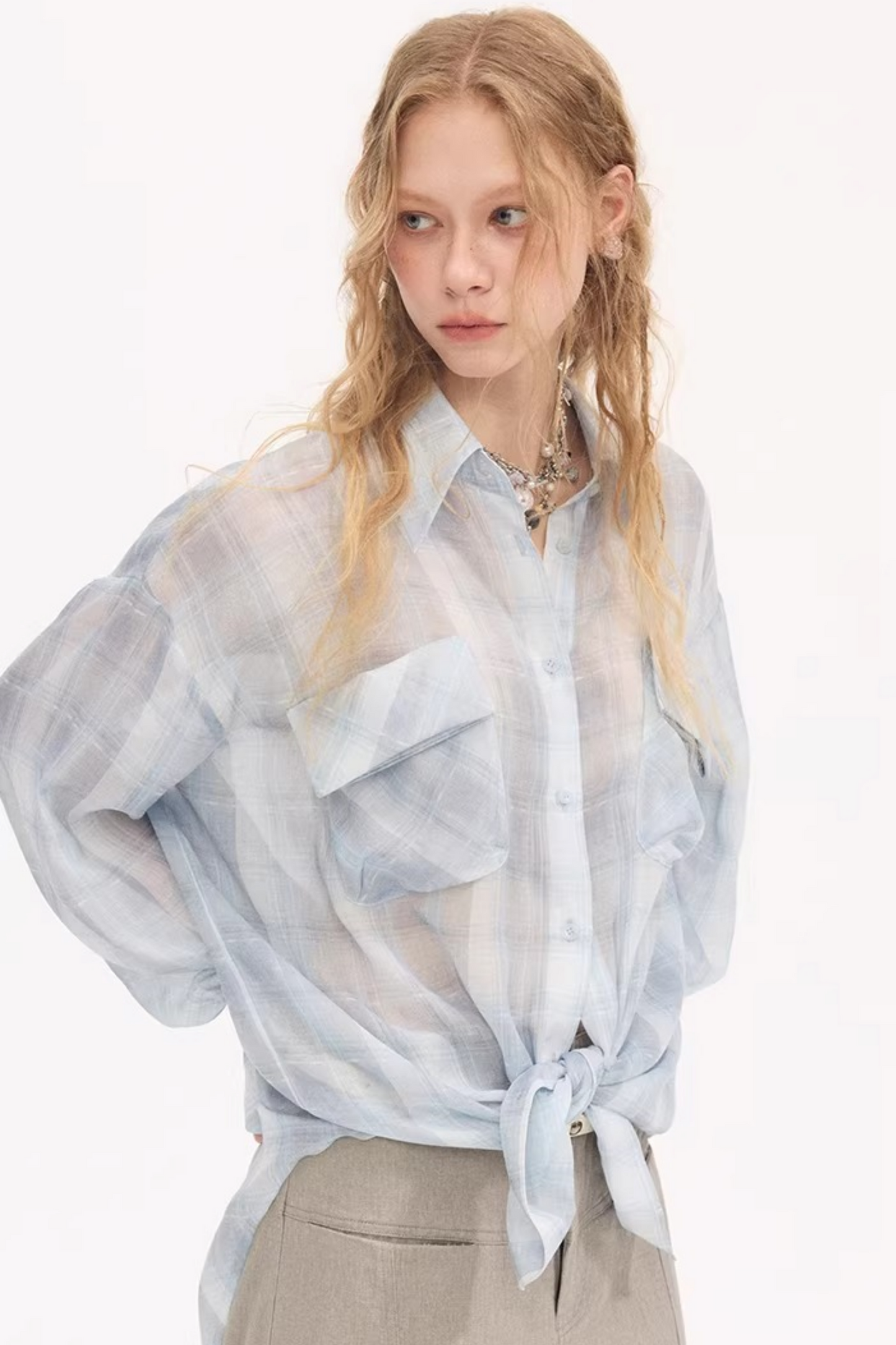 Plaid Lantern Sleeve Blouse