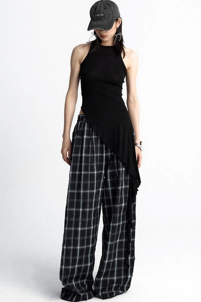 Summer Plaid Wide-Leg Pants