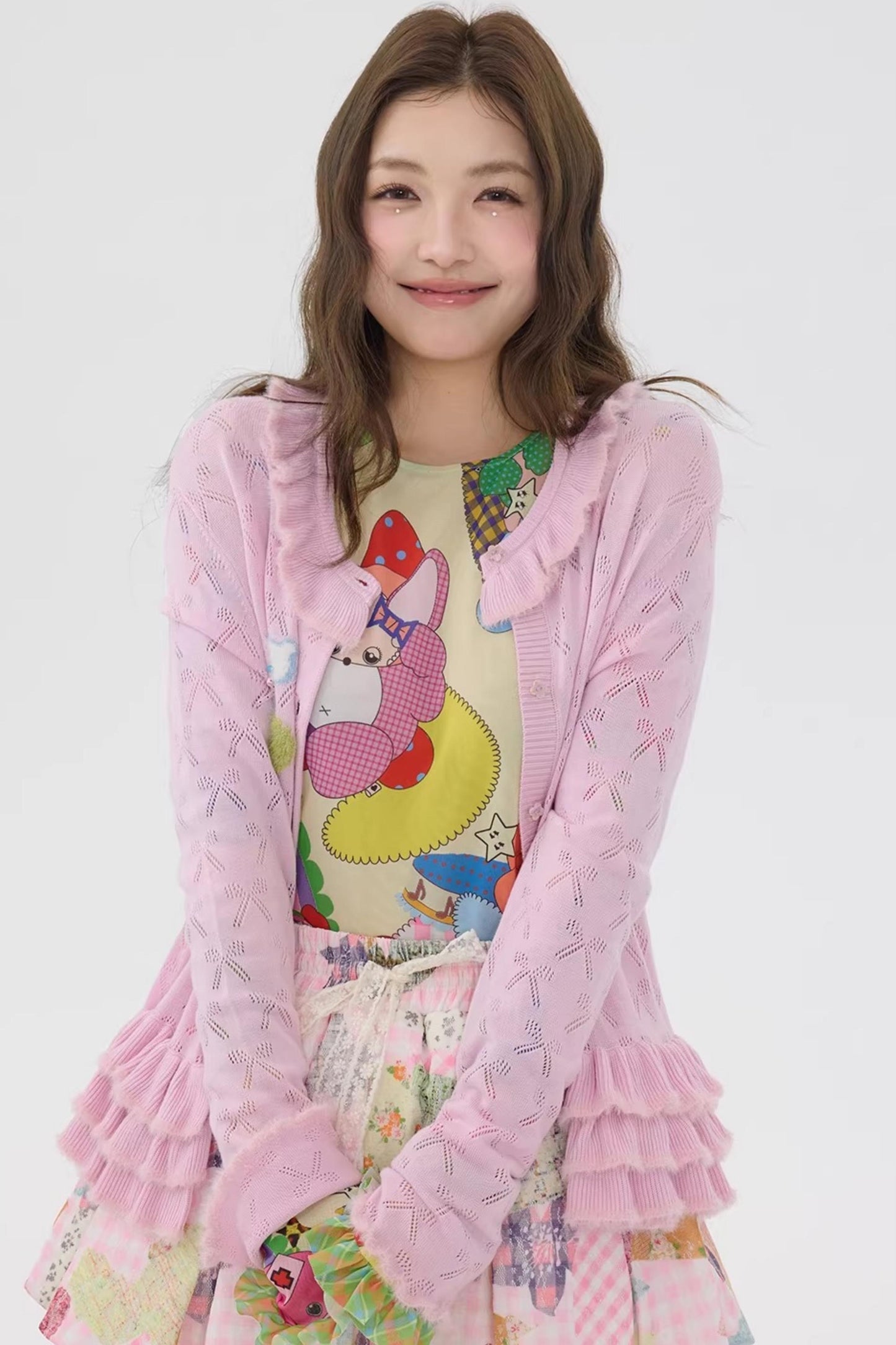 Pink Lace Cut Out Cardigan Top