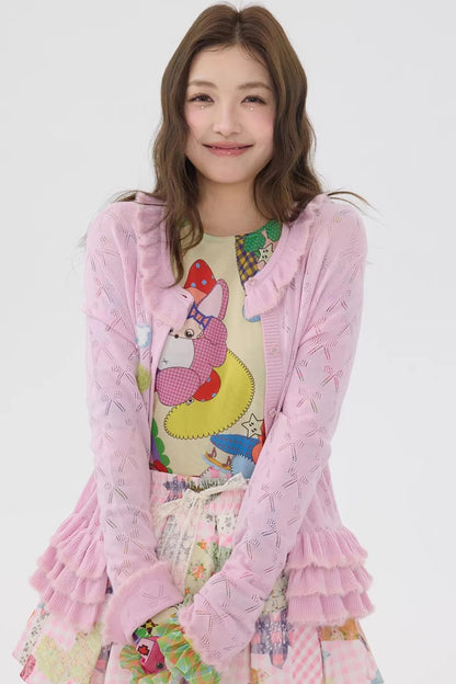 Pink Lace Cut Out Cardigan Top