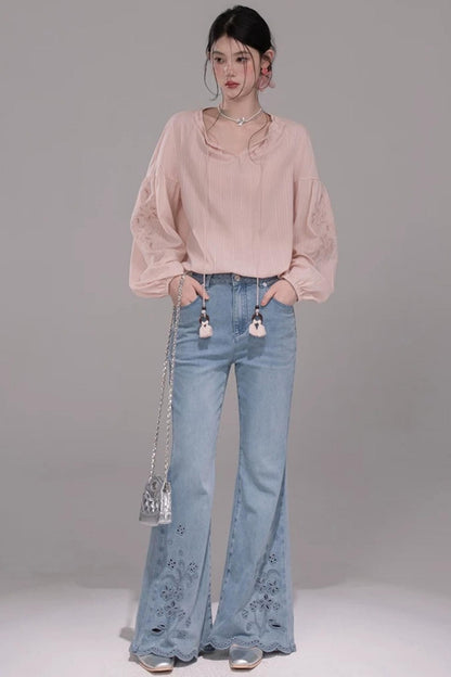 Laser Embroidery Denim Pants