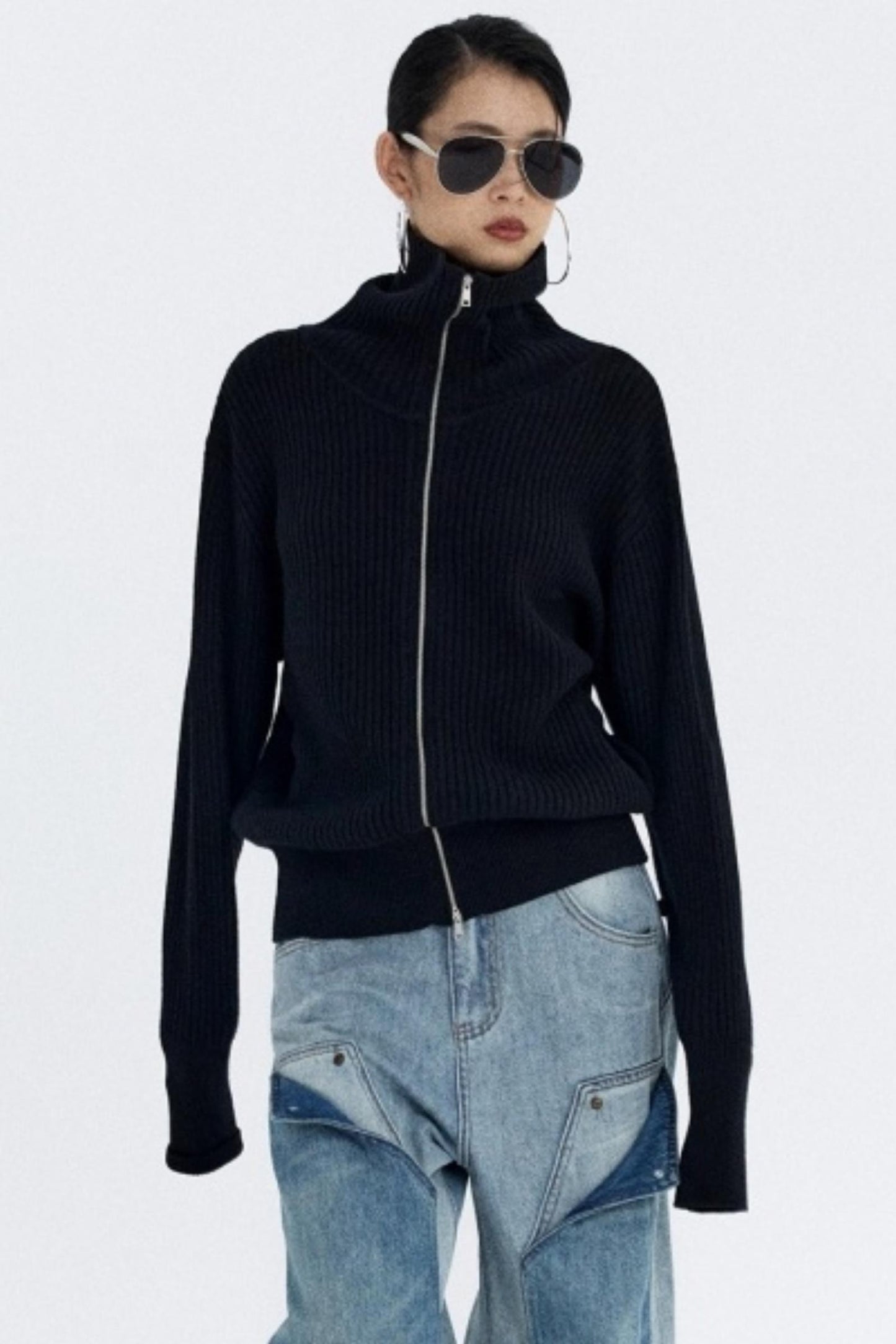 Slim Fit High-Neck Knit Cardigan