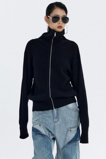 Slim Fit High-Neck Knit Cardigan