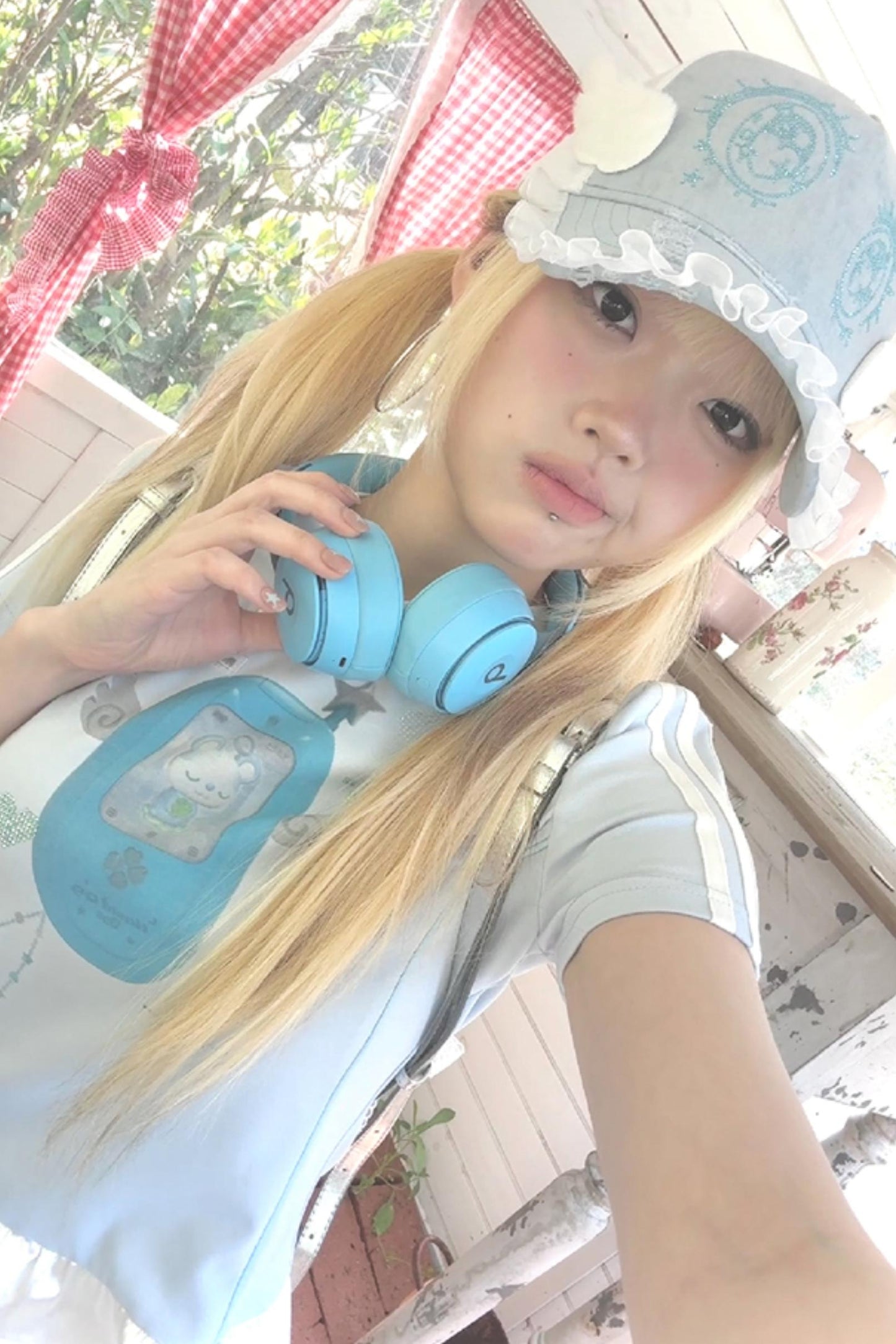 Blue Ruffle V-Neck Tee