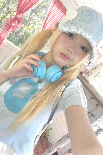 Blue Ruffle V-Neck Tee