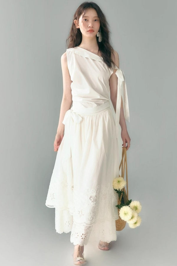 Slant Shoulder Tencel Cotton Dress